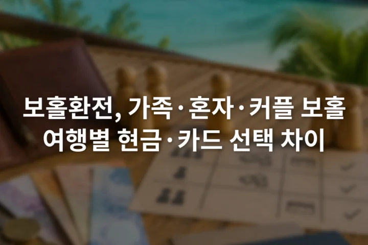 여행용 지갑 옆에 가족과 1인 여행자와 커플 아이콘, 현금 및 카드 체크표가 놓인 모습