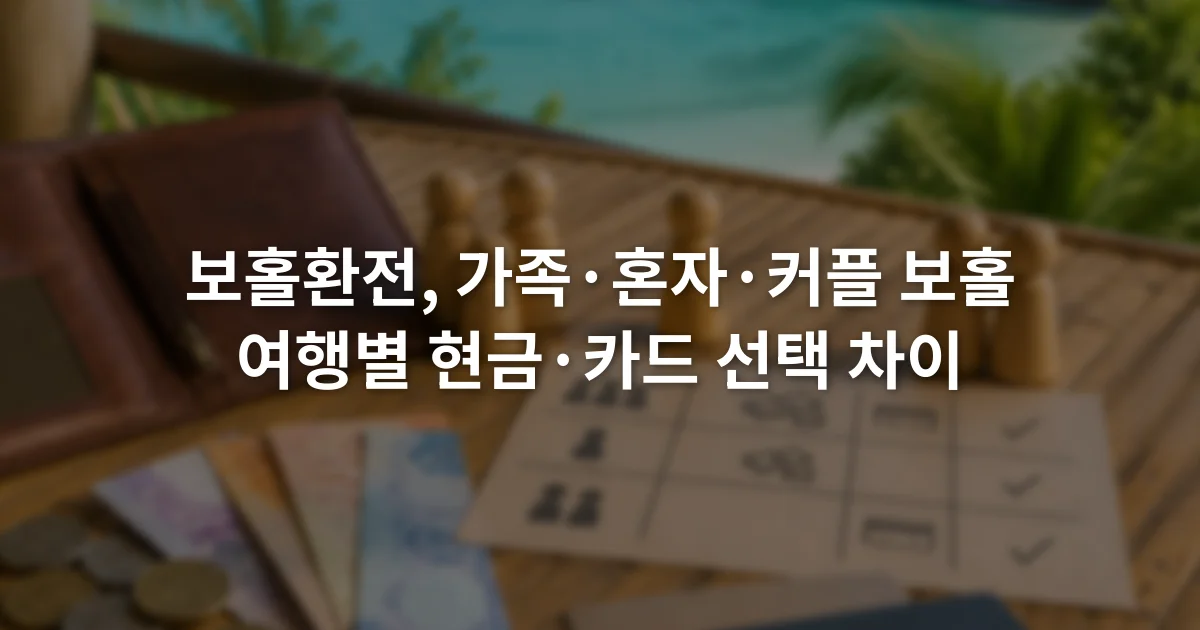여행용 지갑 옆에 가족과 1인 여행자와 커플 아이콘, 현금 및 카드 체크표가 놓인 모습