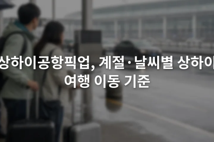 비 오는 날 상하이 공항 도착층에서 여행객들이 여행가방과 함께 차량 승차 구역을 확인하는 모습
