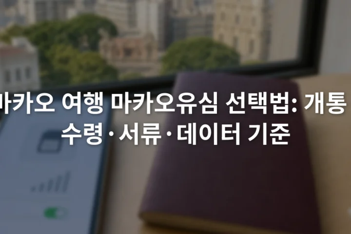 스마트폰의 eSIM 설정 화면 옆에 여권과 실물 SIM 카드가 놓인 모습