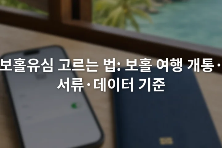스마트폰 화면의 이심 설정 메뉴와 여권, 유심 핀을 나란히 놓은 여행 준비 장면