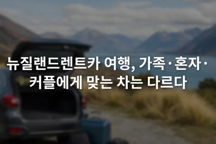 뉴질랜드 산악도로 전망대에 세워진 승용차와 여행용 가방