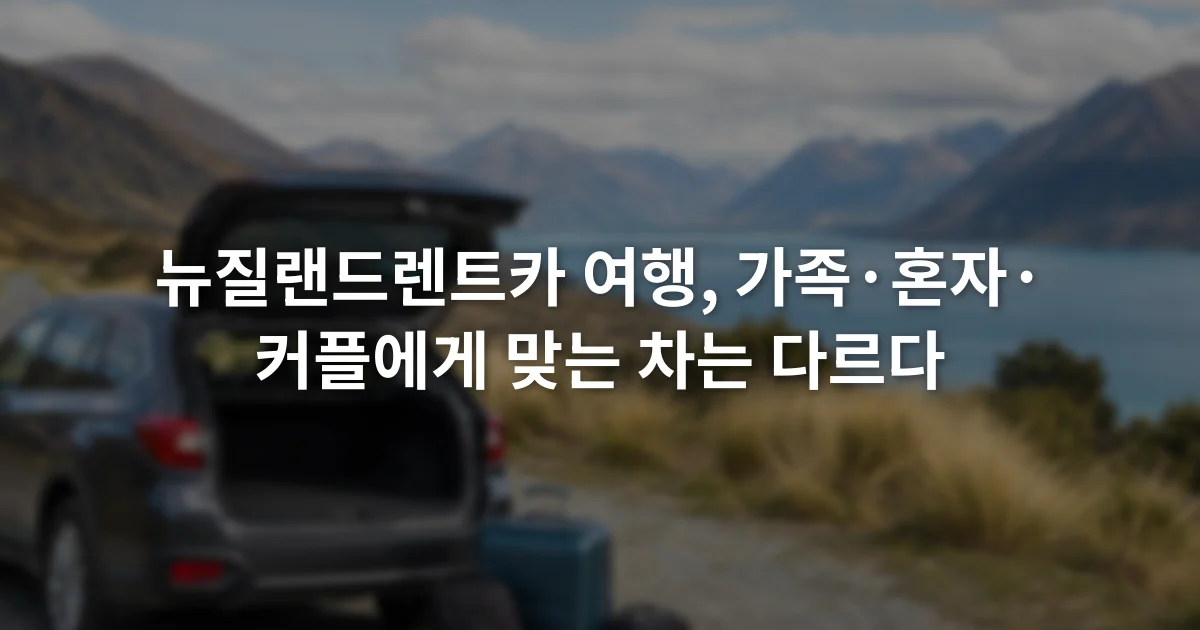 뉴질랜드 산악도로 전망대에 세워진 승용차와 여행용 가방