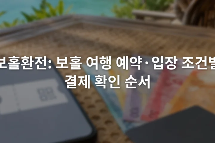 휴대전화에 표시된 예약 바우처 옆에 필리핀 페소 지폐와 해외결제 카드가 놓인 장면