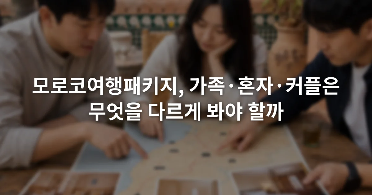 모로코 지도를 가운데 두고 객실 유형과 이동 조건을 함께 검토하는 세 여행자