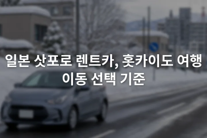 눈이 쌓인 삿포로 도로의 좌측 차로와 자동차, 도로 표지판