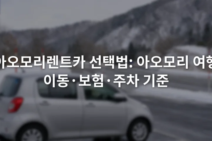눈 쌓인 아오모리 도로 옆 지정 주차장에 세워진 소형 렌터카와 도로 표지
