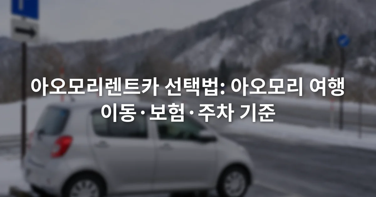 눈 쌓인 아오모리 도로 옆 지정 주차장에 세워진 소형 렌터카와 도로 표지