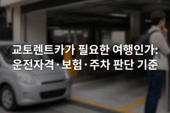 교토 도심 주차장 입구에서 차량과 이용 안내판을 확인하는 여행자