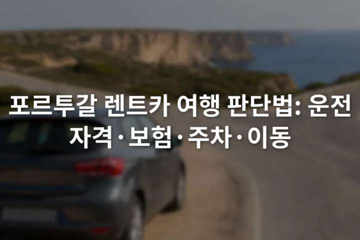 포르투갈 해안도로의 갈림길 앞에 정차한 소형 승용차와 방향 표지판
