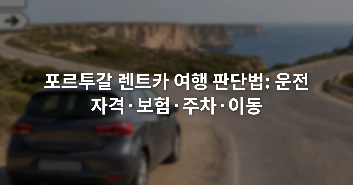 포르투갈 해안도로의 갈림길 앞에 정차한 소형 승용차와 방향 표지판