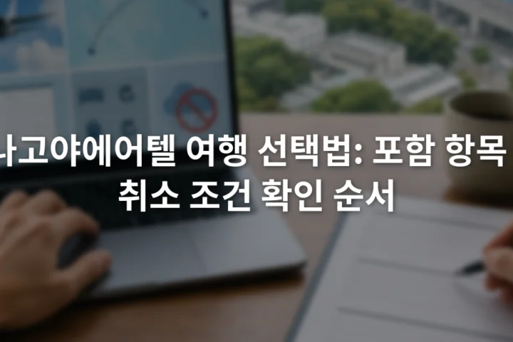 노트북의 항공편 조건과 종이 숙박 계약서를 함께 비교하는 장면