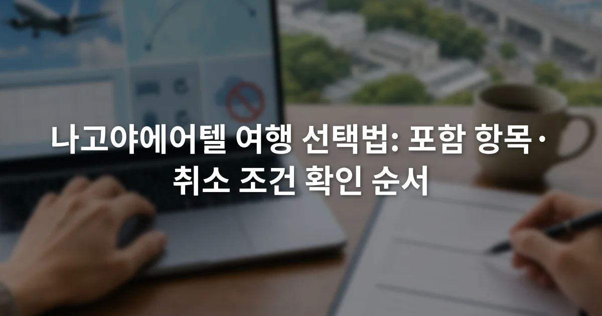 노트북의 항공편 조건과 종이 숙박 계약서를 함께 비교하는 장면