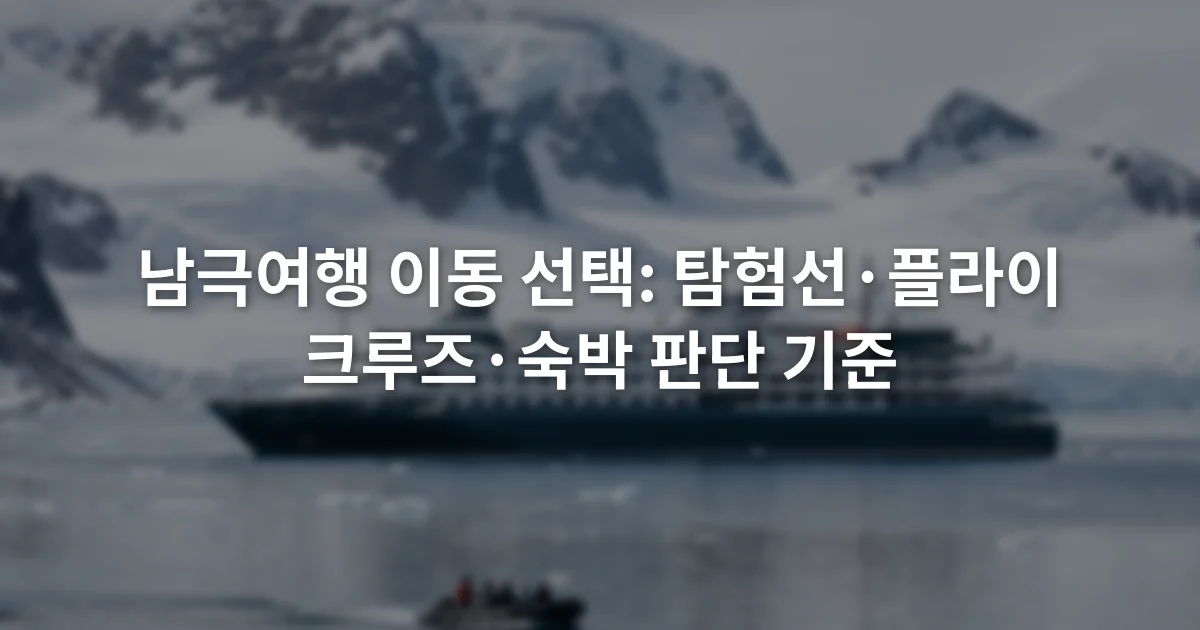 눈 덮인 남극 해안 앞에 정박한 탐험선과 소형 고무보트
