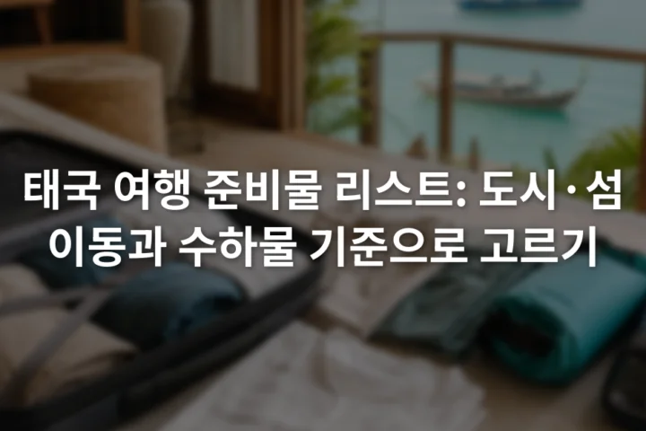 열린 여행 가방 옆에 얇은 옷과 방수 주머니, 충전 케이블이 분류된 장면