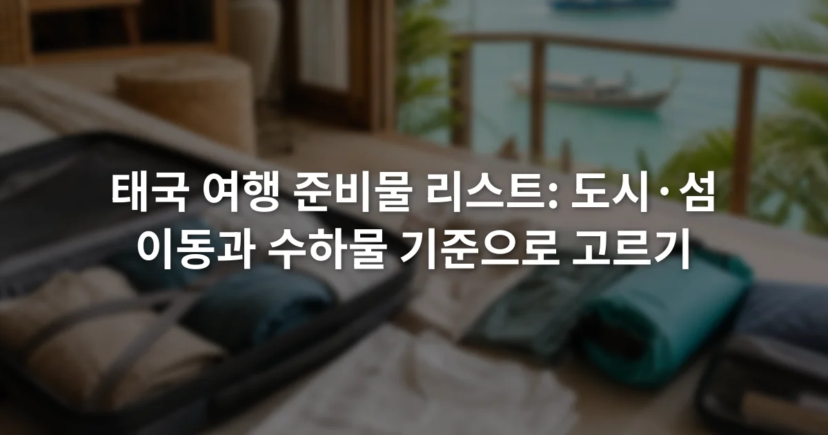 열린 여행 가방 옆에 얇은 옷과 방수 주머니, 충전 케이블이 분류된 장면