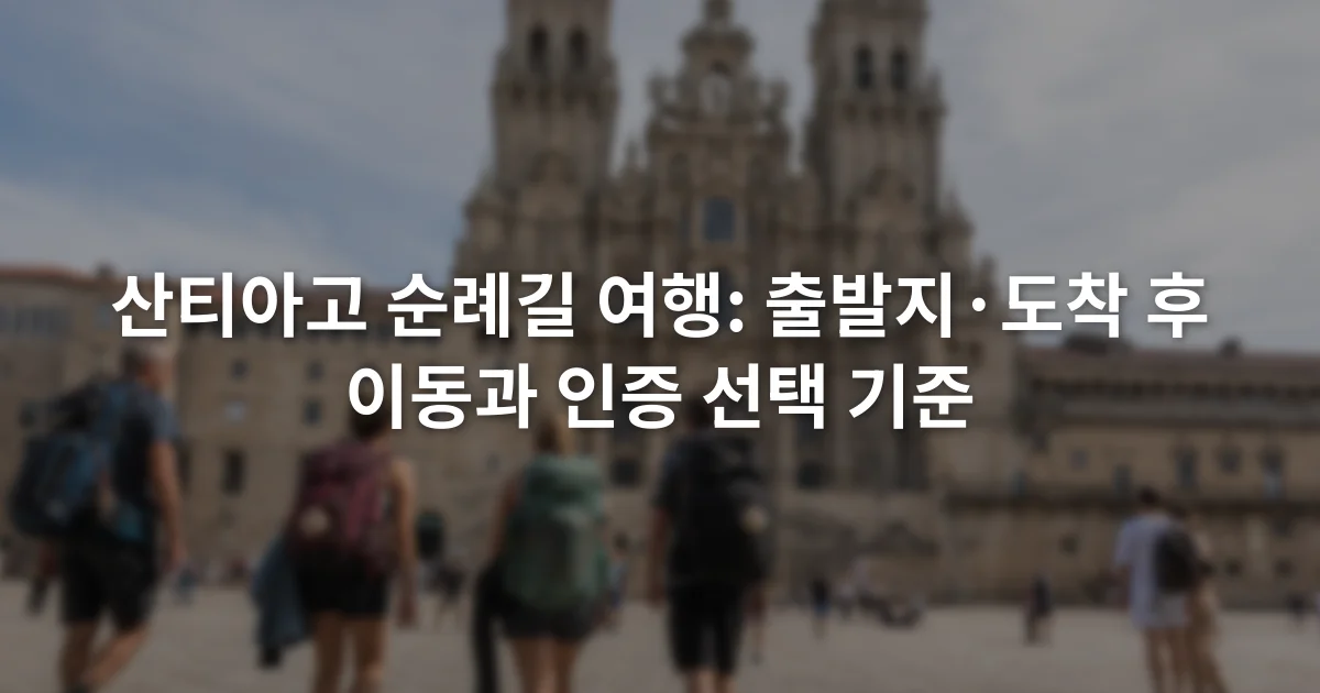 배낭을 멘 도보 여행자들이 산티아고 데 콤포스텔라 대성당 앞 광장에 도착한 장면