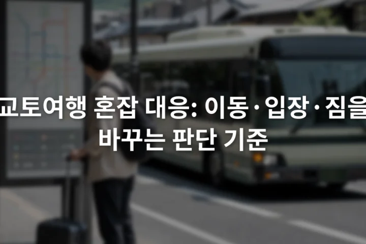 교토 도심 정류장에서 노선 안내판을 확인하는 여행자와 버스가 보이는 장면