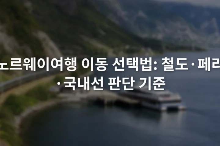 산과 피오르 사이 선로를 달리는 열차와 인근 선착장에 정박한 여객선