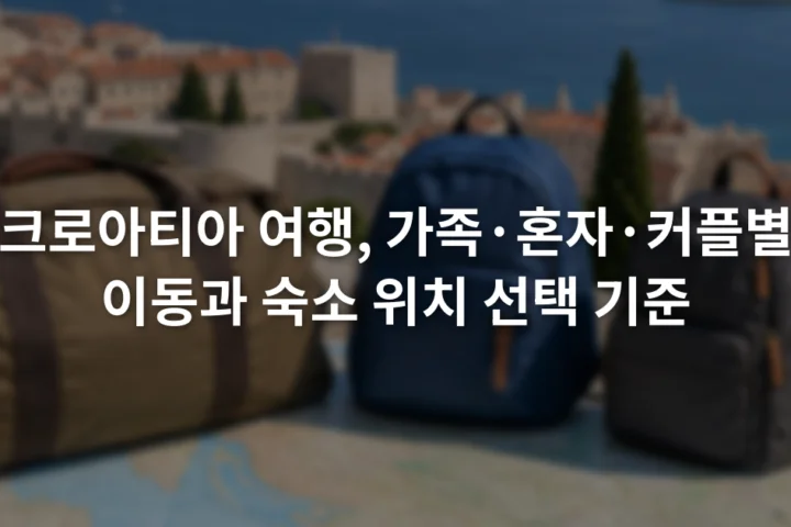 크로아티아 해안 도시 지도 위에 놓인 가족용 가방과 배낭 두 개