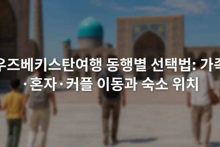 사마르칸트의 푸른 돔 건축물과 넓은 광장을 걷는 여러 여행자